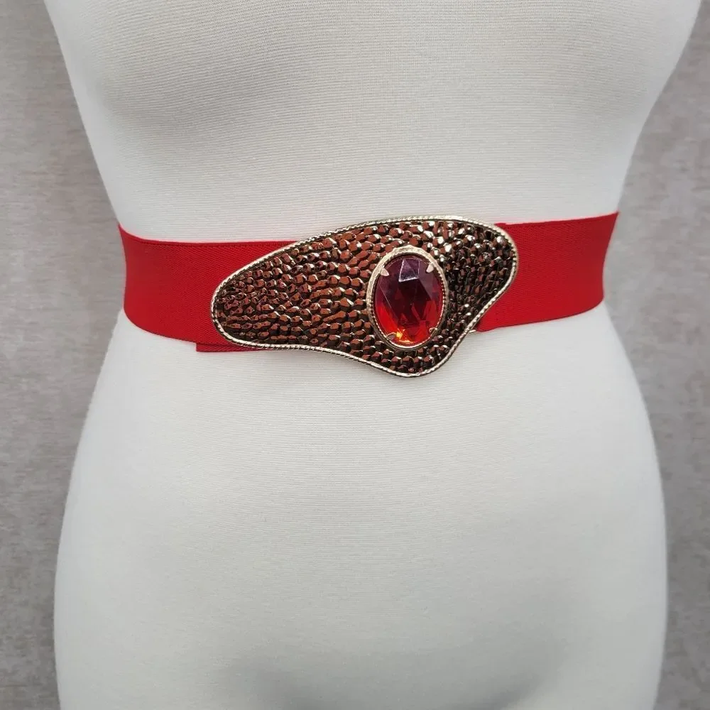 Vintage 80s Red Stretch Belt with Hammered Metal Gold Buckle Red Gem
